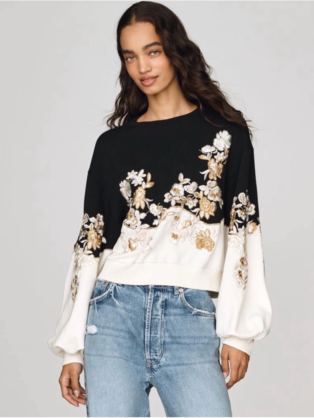 NWT Anthropologie Black & Off-white Floral Embroidered Colorblock Sweatshirt S